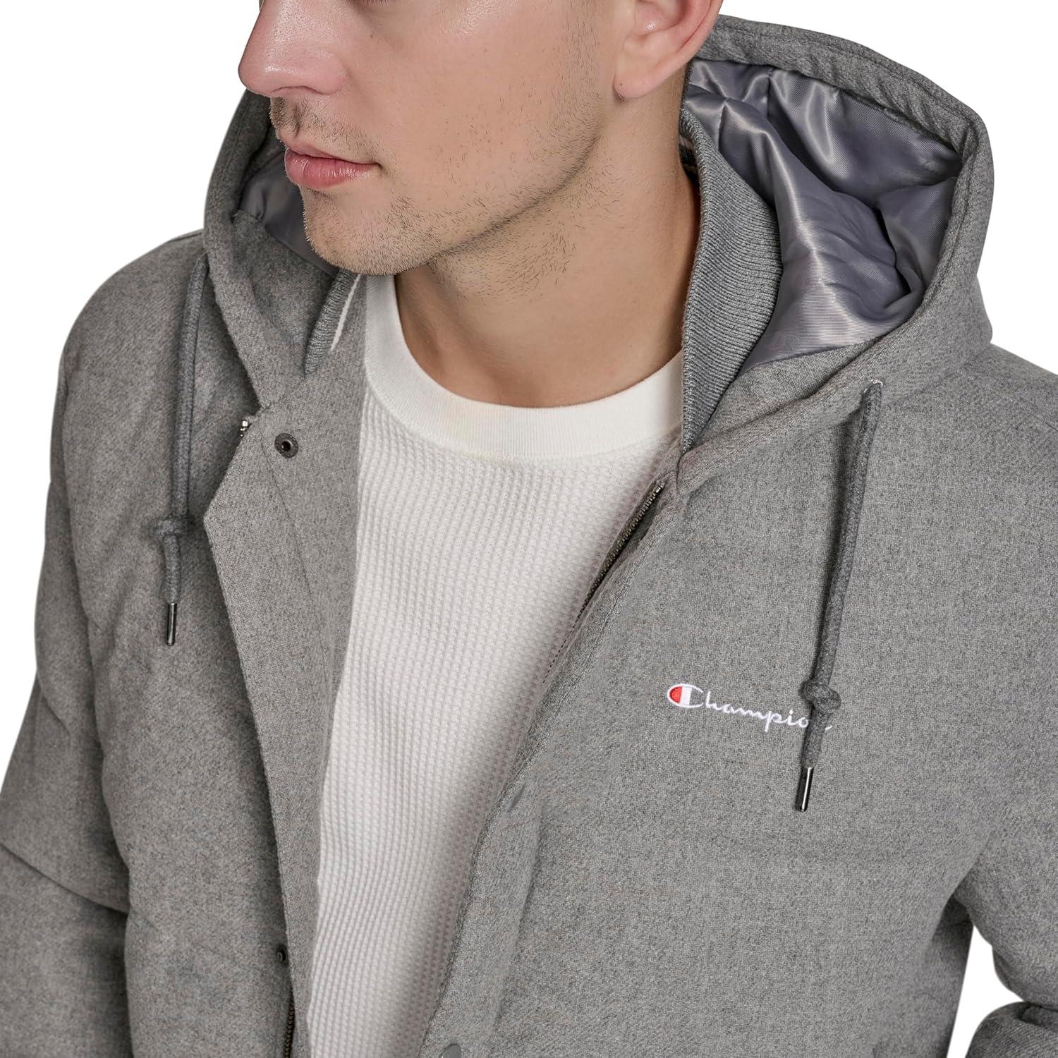 imageChampion mens Varsity Bomber Puffer JacketHeather Grey Wool Hoody