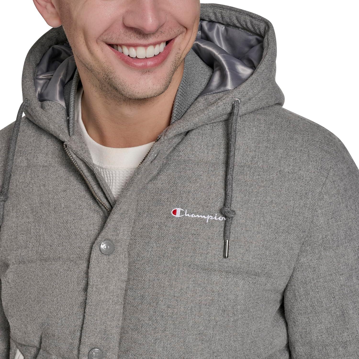imageChampion mens Varsity Bomber Puffer JacketHeather Grey Wool Hoody