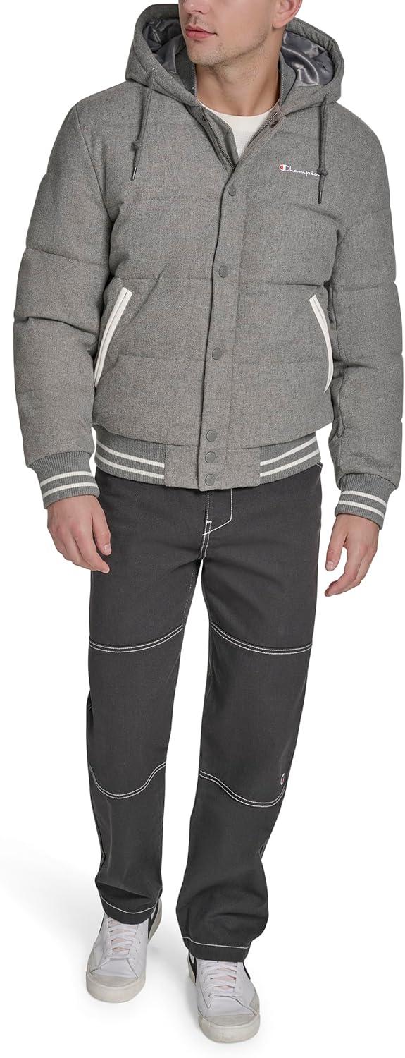 imageChampion mens Varsity Bomber Puffer JacketHeather Grey Wool Hoody