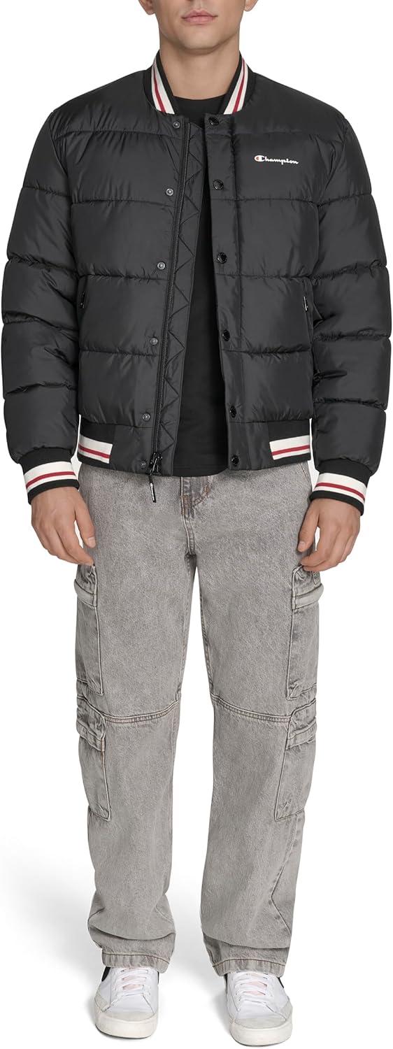 imageChampion mens Varsity Bomber Puffer JacketNew Black Tech