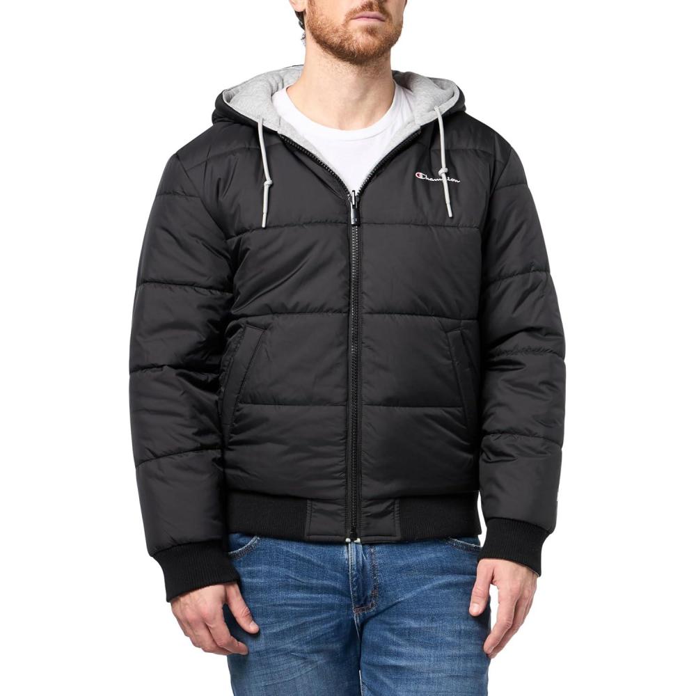 imageChampion Mens Reversible Puffer Jacket with Drawstring HoodBlackHeather Grey