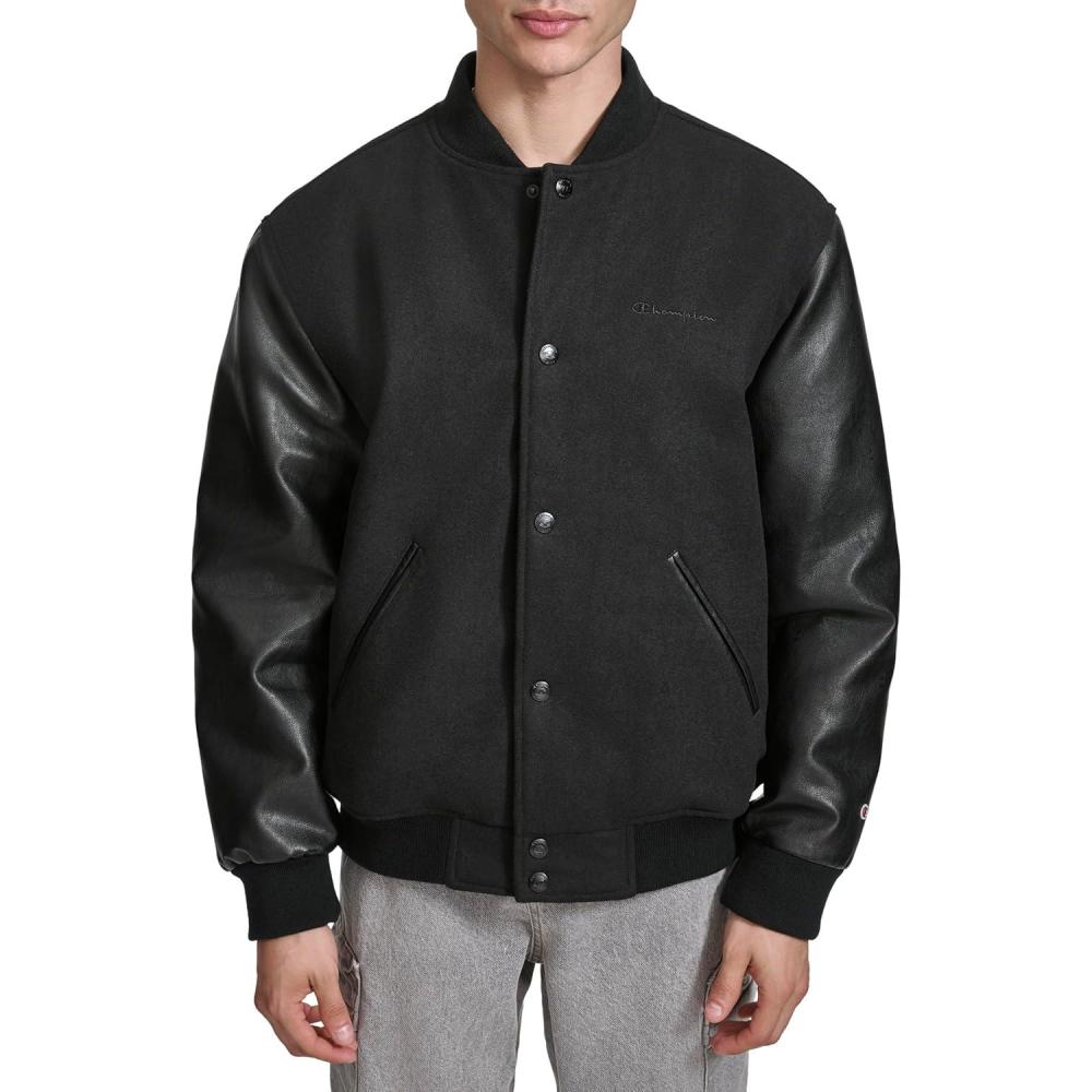 imageChampion mens Letterman Varsity Bomber Jacket With Faux Leather SleevesBlack