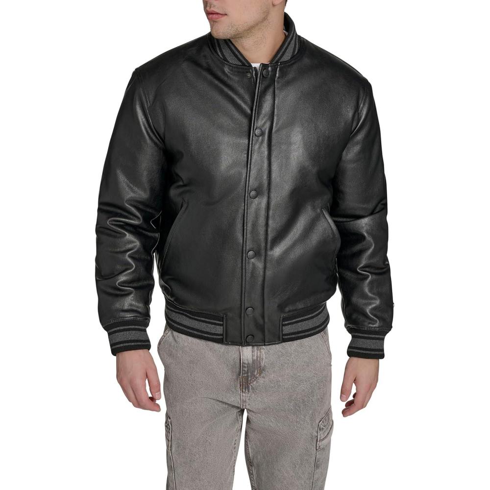 imageChampion mens Letterman Varsity Bomber Jacket With PatchesBlack Faux Leather