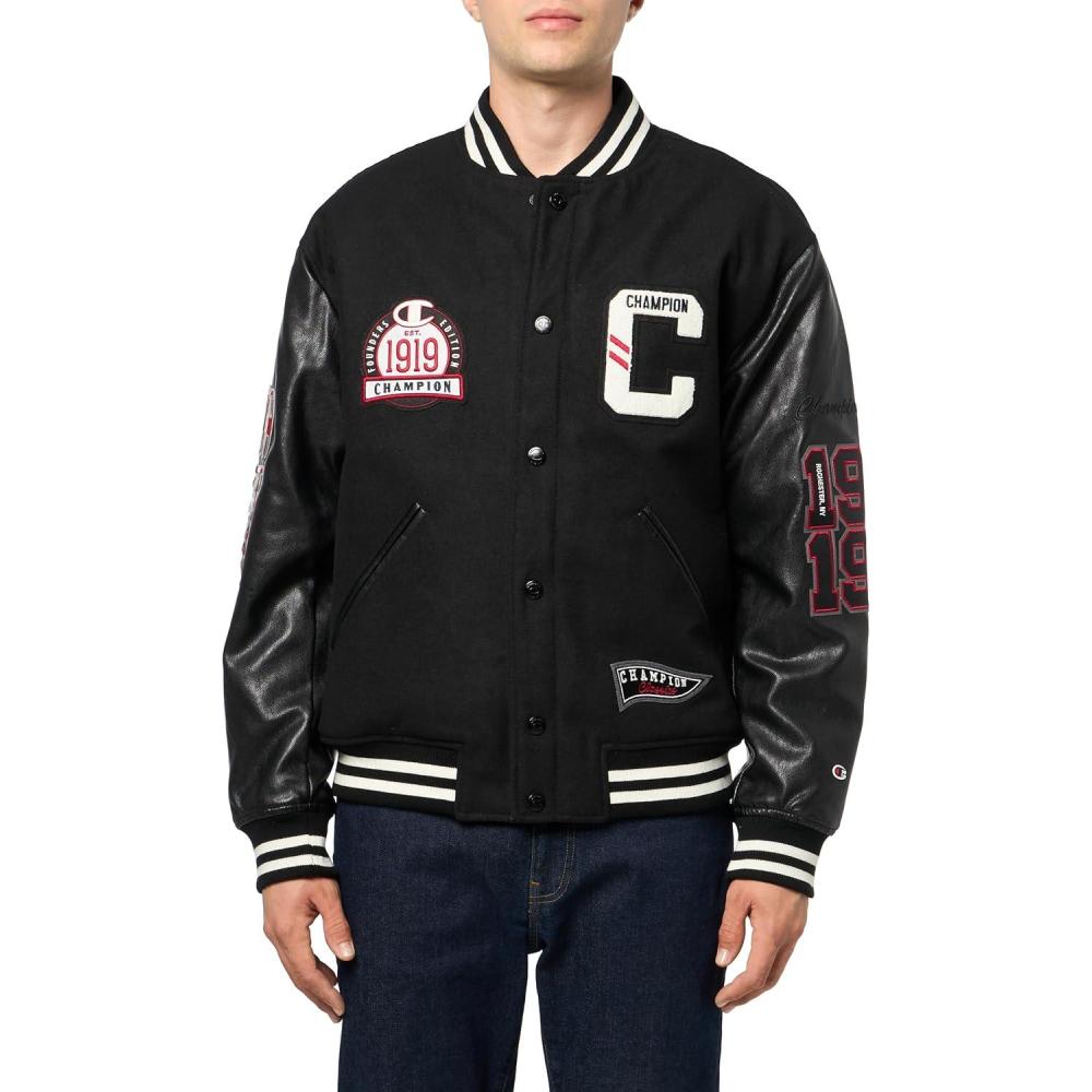 imageChampion mens Letterman Varsity Bomber Jacket With PatchesBlackBlack