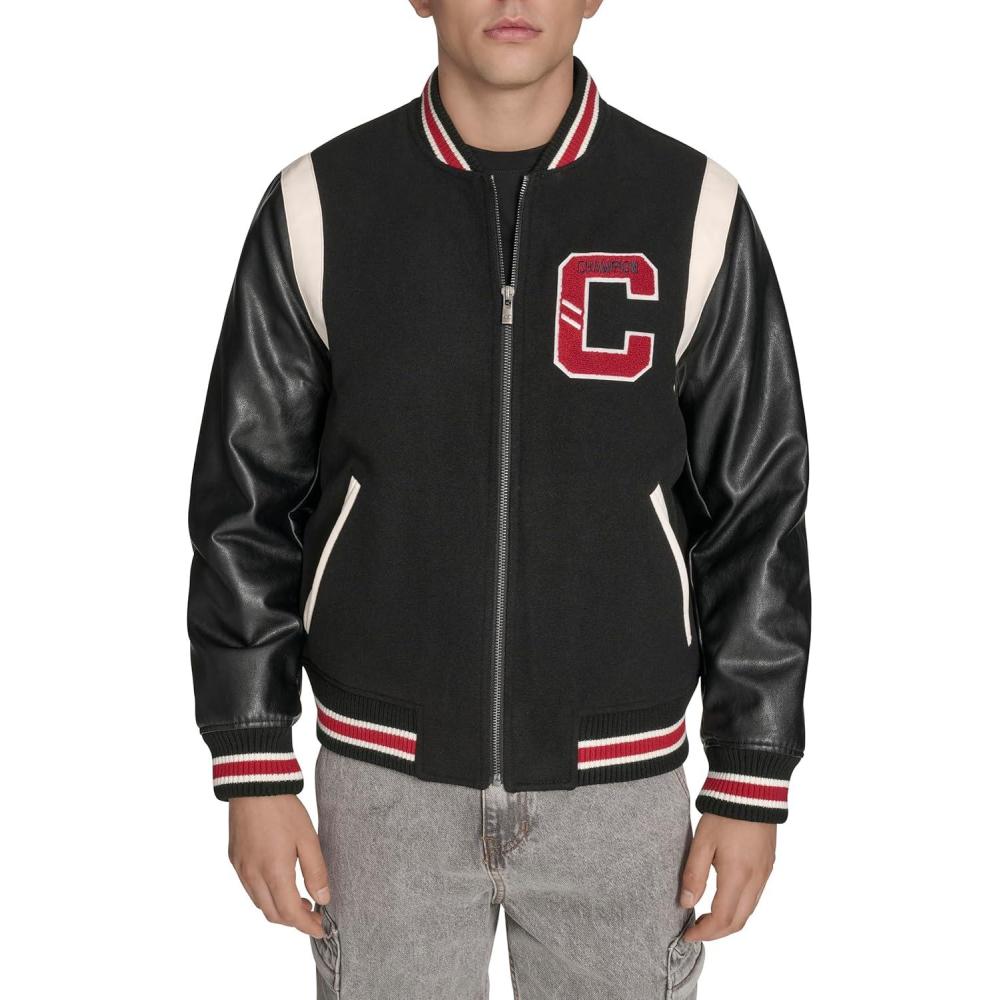 imageChampion mens Letterman Varsity Bomber Jacket With PatchesBlackRed