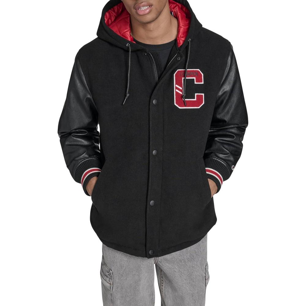imageChampion mens Letterman Varsity Bomber Jacket With PatchesBlackRed With Hood