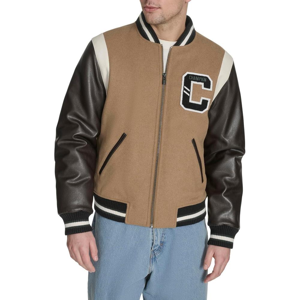 imageChampion mens Letterman Varsity Bomber Jacket With PatchesCamelBrown