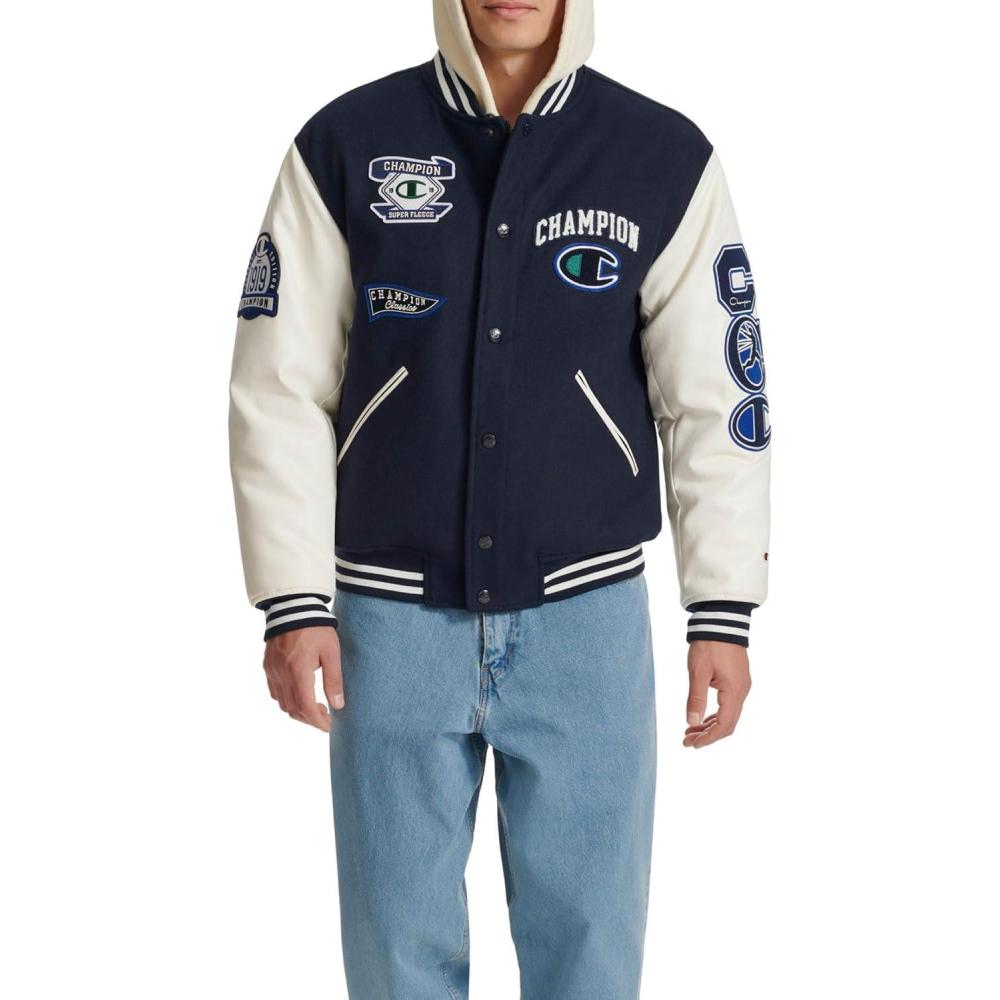 imageChampion mens Letterman Varsity Bomber Jacket With PatchesNavyWhite