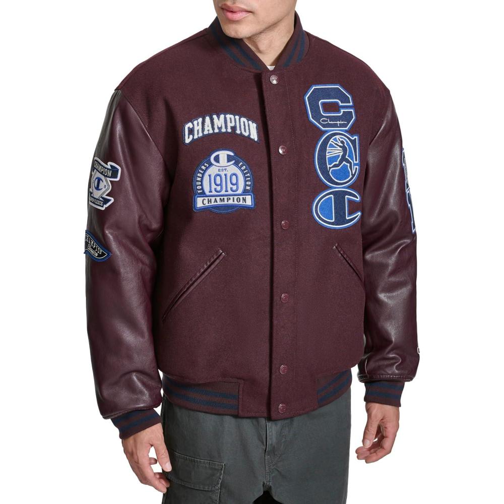 imageChampion mens Letterman Varsity Bomber Jacket With PatchesWine