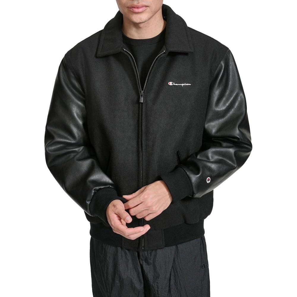 imageChampion mens Letterman Varsity Bomber Zipper Closure Jacket With Faux Leather SleevesBlack