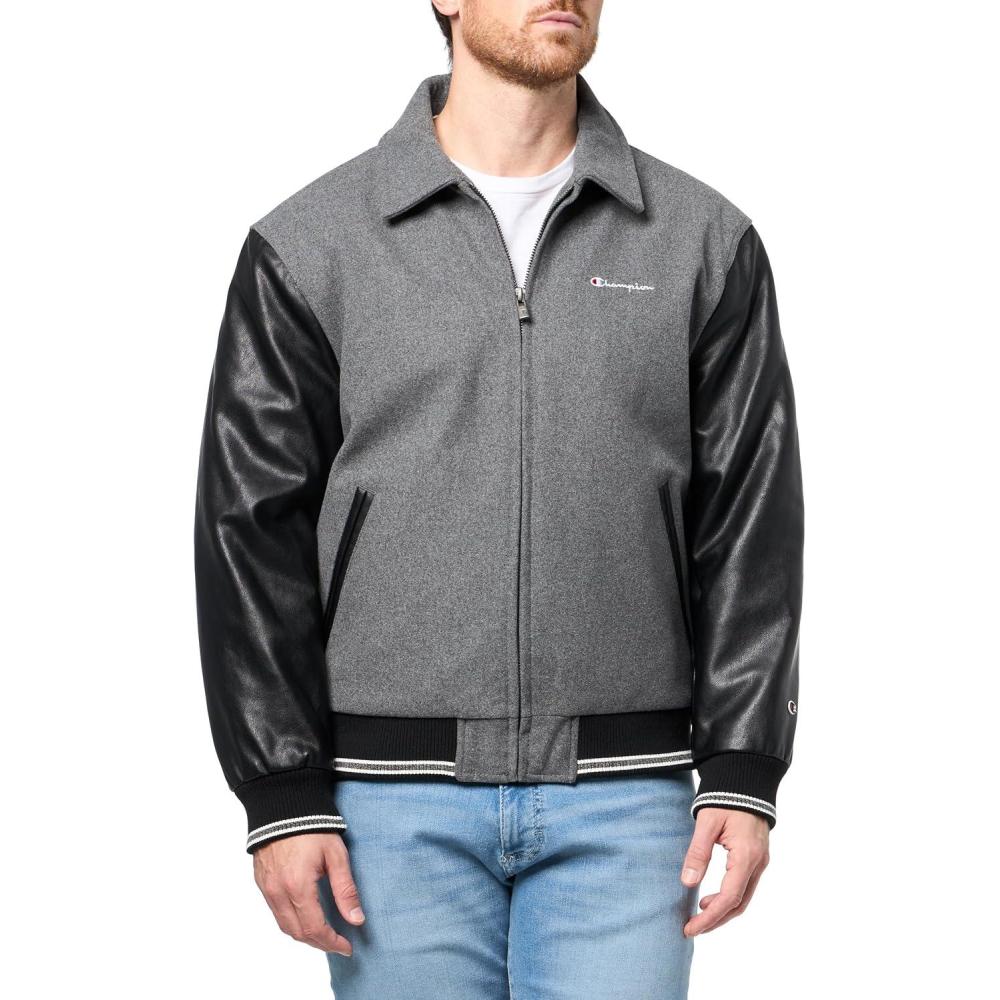 imageChampion mens Letterman Varsity Bomber Zipper Closure Jacket With Faux Leather SleevesHeather Grey  Black