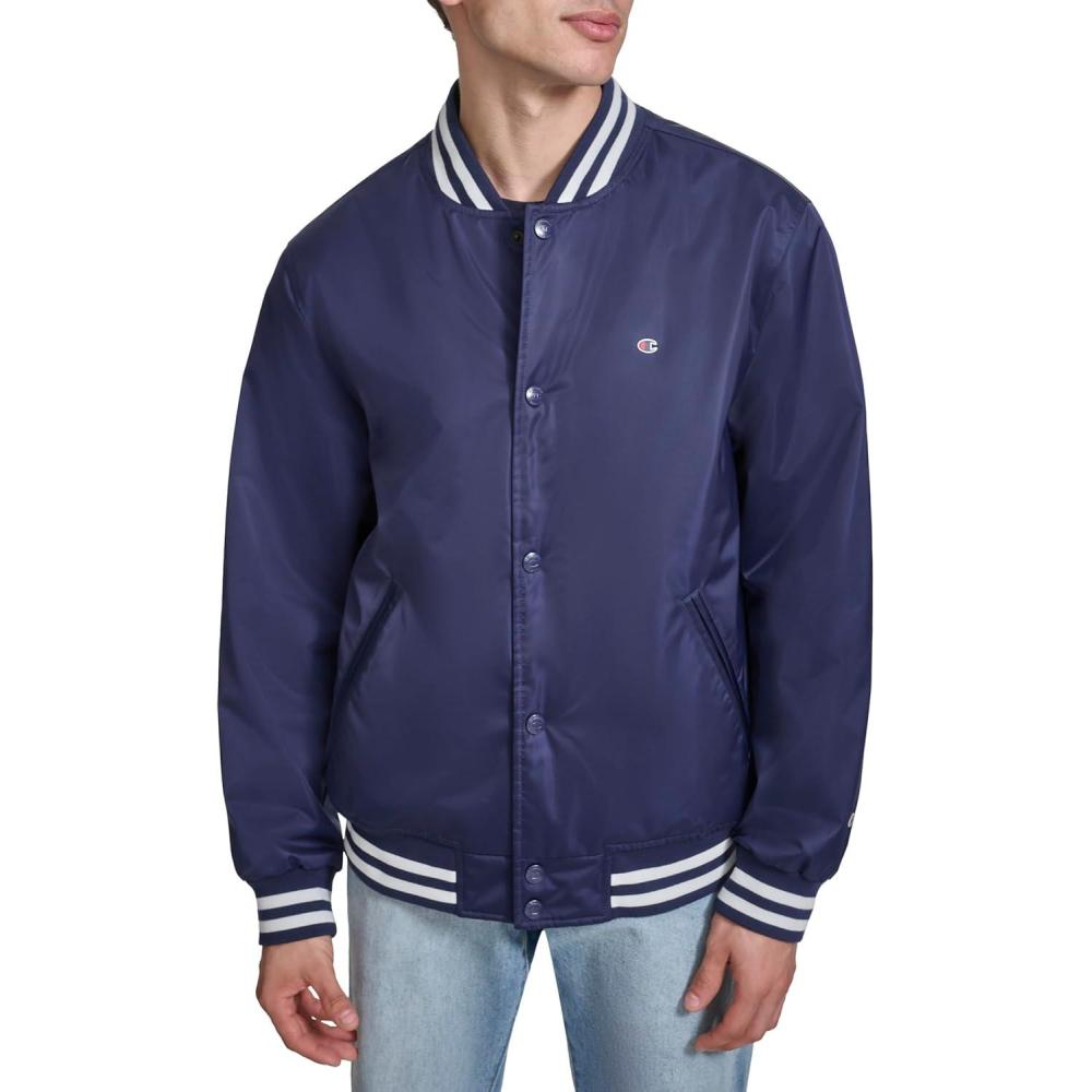 imageChampion mens Logo Stripedtrim Varsity JacketPeacoat