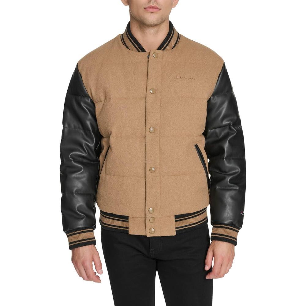 imageChampion mens Varsity Bomber Puffer JacketCamelBlack Faux Leather