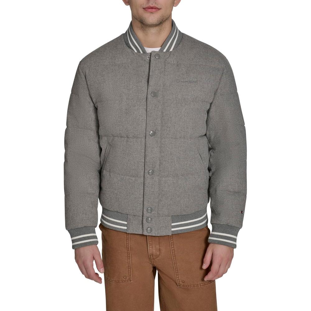 imageChampion mens Varsity Bomber Puffer JacketHeather Grey Wool