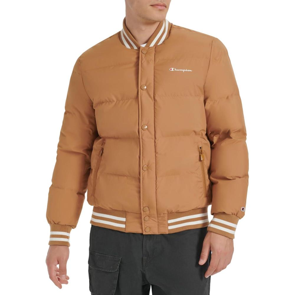 imageChampion mens Varsity Bomber Puffer JacketTobacco