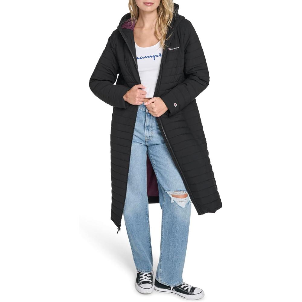 imageChampion womens Lightweight Long Hooded PufferBlack
