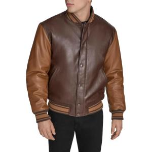 imageChampion mens Letterman Varsity Bomber Jacket With PatchesBrown Faux Leather