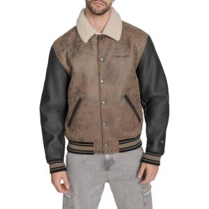 imageChampion mens Letterman Varsity Bomber Jacket With PatchesBrown Faux Shearling