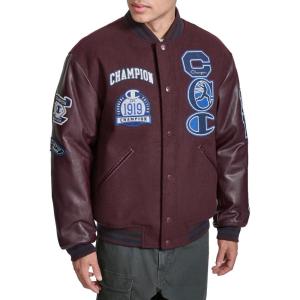imageChampion mens Letterman Varsity Bomber Jacket With PatchesWine
