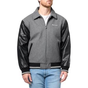 imageChampion mens Letterman Varsity Bomber Zipper Closure Jacket With Faux Leather SleevesHeather Grey  Black