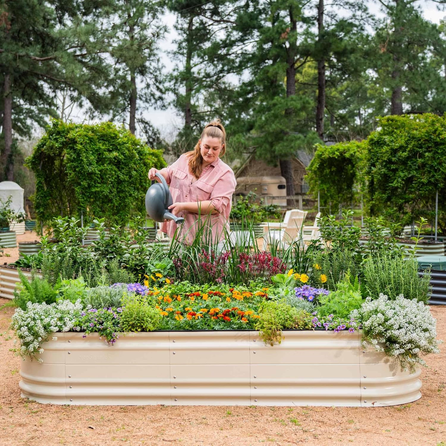 imageVego garden 17quot Tall 6 in 1 Novel Modular Raised Garden Bed Kit Metal Planter Box with 2 in 1 Wrench ampamp Magnetic Plant Tags for Vegetables Flowers Fruits Pearl WhitePearl White