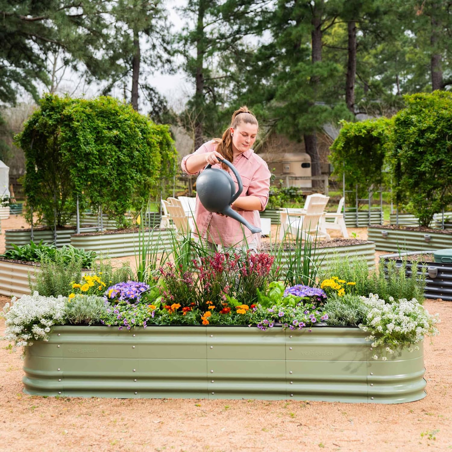 imageVego garden 17quot Tall 9 in 1 Novel Metal Raised Garden Bed Kits Modular Planter Beds with 2 in 1 Wrench ampamp Magnetic Plant Tags for Vegetables Flowers Terra CottaOlive Green