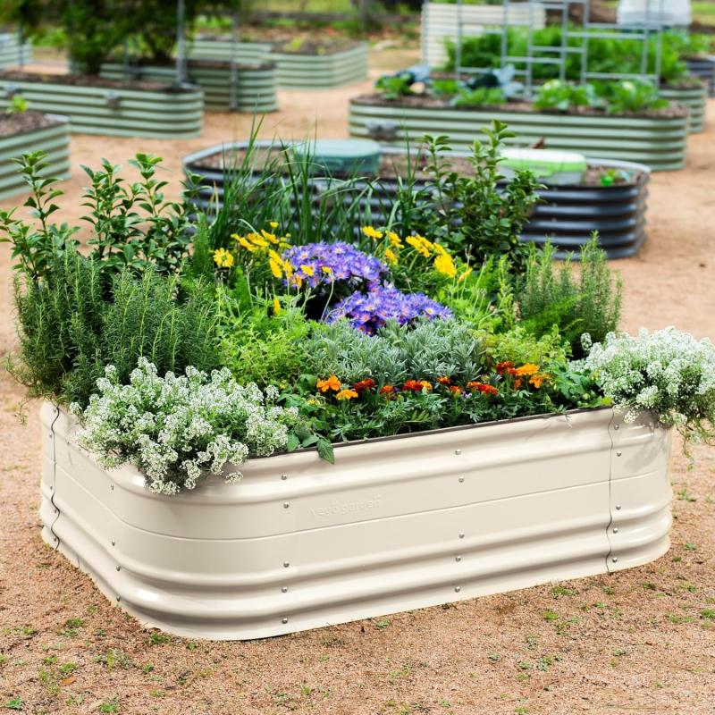 imageVego garden 17quot Tall 6 in 1 Novel Modular Raised Garden Bed Kit Metal Planter Box with 2 in 1 Wrench ampamp Magnetic Plant Tags for Vegetables Flowers Fruits Pearl WhitePearl White