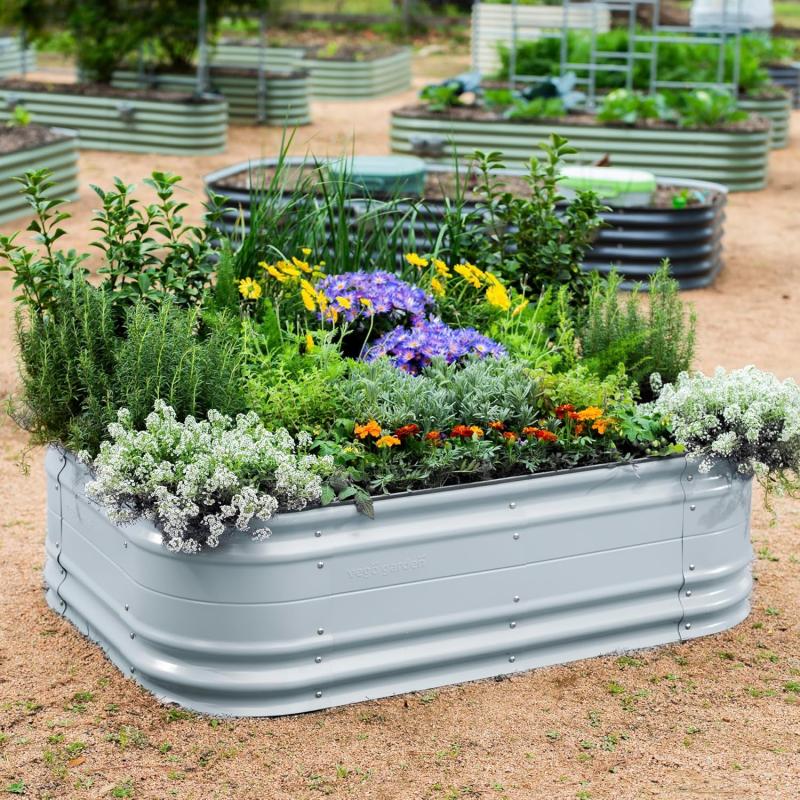 imageVego garden 17quot Tall 6 in 1 Novel Modular Raised Garden Bed Kit Metal Planter Box with 2 in 1 Wrench ampamp Magnetic Plant Tags for Vegetables Flowers Fruits Pearl WhiteSky Blue