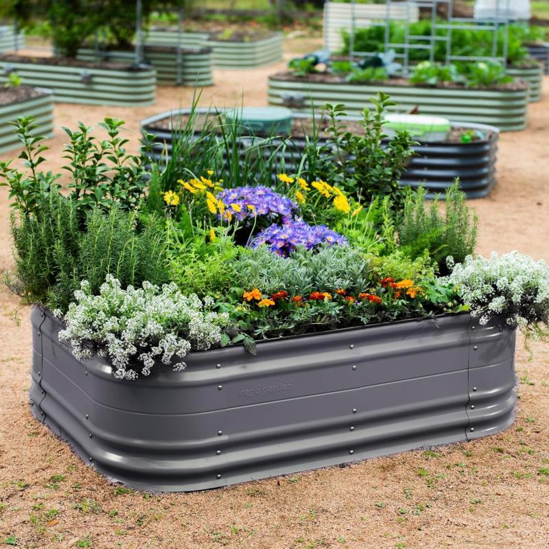 imageVego garden 17quot Tall 6 in 1 Novel Modular Raised Garden Bed Kit Metal Planter Box with 2 in 1 Wrench ampamp Magnetic Plant Tags for Vegetables Flowers Fruits Pearl WhiteModern Gray