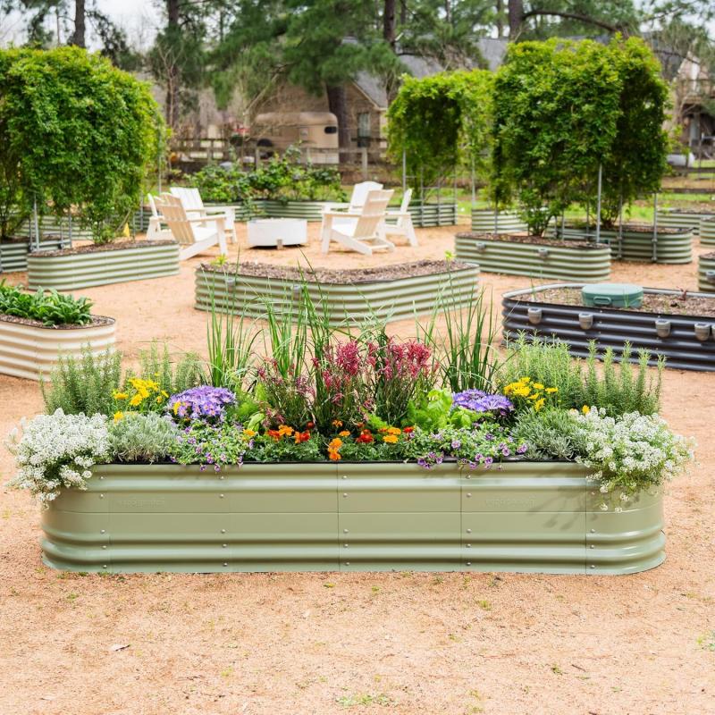 imageVego garden 17quot Tall 9 in 1 Novel Metal Raised Garden Bed Kits Modular Planter Beds with 2 in 1 Wrench ampamp Magnetic Plant Tags for Vegetables Flowers Terra CottaOlive Green