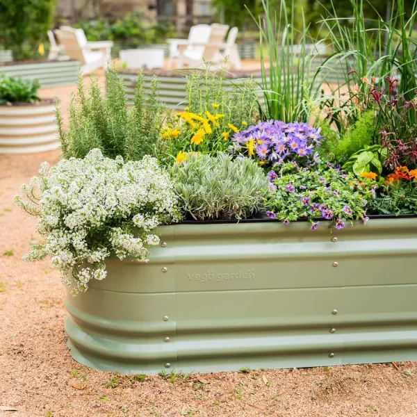 imageVego garden 17quot Tall 6 in 1 Novel Modular Raised Garden Bed Kit Metal Planter Box with 2 in 1 Wrench ampamp Magnetic Plant Tags for Vegetables Flowers Fruits Pearl WhiteOlive Green