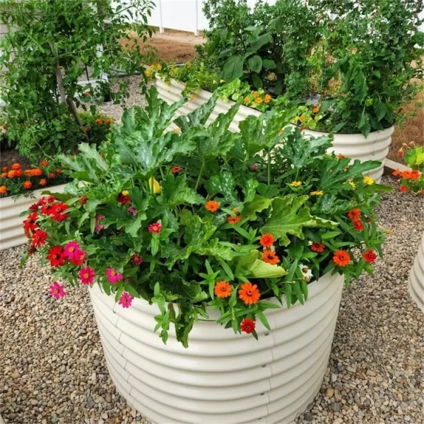 imageVego garden 32quot Extra Tall Raised Garden Bed Kits 4 in 1 Modular Raised Planter Box for Vegetables Flowers Fruits Oval Metal Raised Garden Bed Modern GrayPearl White