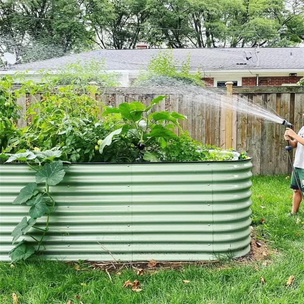 imageVego garden 32quot Extra Tall Raised Garden Bed Kits 4 in 1 Modular Raised Planter Box for Vegetables Flowers Fruits Oval Metal Raised Garden Bed Modern GrayOlive Green