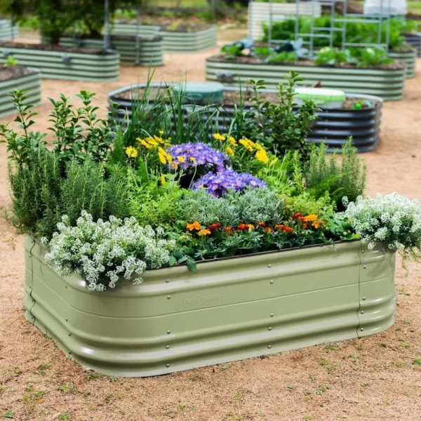 imageVego garden 17quot Tall 6 in 1 Novel Modular Raised Garden Bed Kit Metal Planter Box with 2 in 1 Wrench ampamp Magnetic Plant Tags for Vegetables Flowers Fruits Pearl WhiteOlive Green