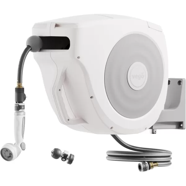 imageGarden Hose Reel Retractable 12quot x 130ft Wall Mounted Hose Reel Automatic Rewind Any Length Lock with 9 Patterns Sprayer Nozzle Quick Connector and Adjustable shot NozzleSeaweed GreenCloud White