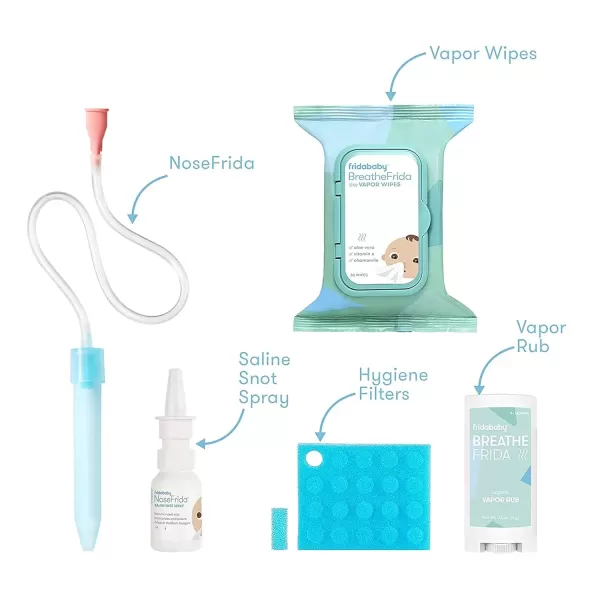 imageFrida Baby Cold and Flu Relief Bundle Congestion Relief Kit Includes the NoseFrida Nasal Aspirator Hygeine Filter Saline Nasal Spray Baby Vapor Rub ampamp Vapor Nose ampamp Chest WipesCold and Flu Bundle NoseFrida  Hygien Filters  BreathFrida Nose Wipes  Snot Spray and Vapor Rub