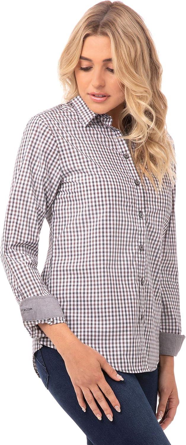 imageChef Works Custom Embroidered Womens Modern Gingham Long Sleeve Dress ShirtChocolate