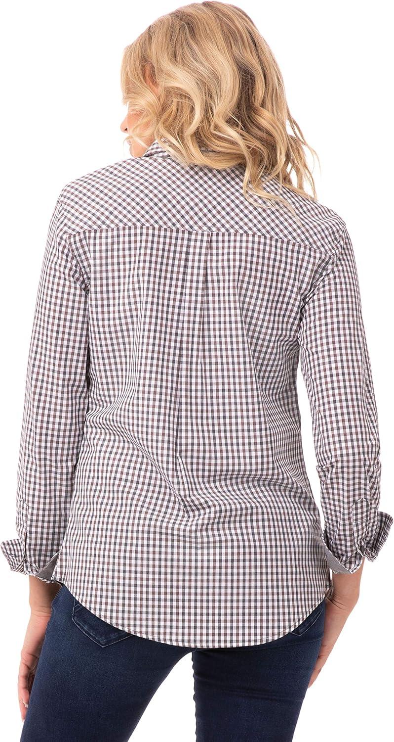 imageChef Works Custom Embroidered Womens Modern Gingham Long Sleeve Dress ShirtChocolate