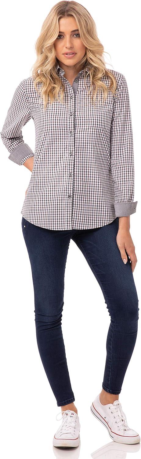 imageChef Works Custom Embroidered Womens Modern Gingham Long Sleeve Dress ShirtChocolate