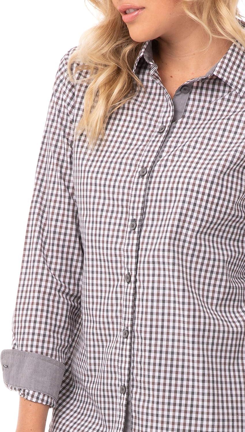 imageChef Works Custom Embroidered Womens Modern Gingham Long Sleeve Dress ShirtChocolate