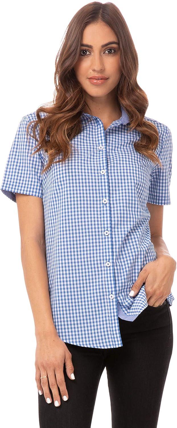 imageChef Works Custom Embroidered Womens Modern Gingham Short Sleeve Dress ShirtBlue
