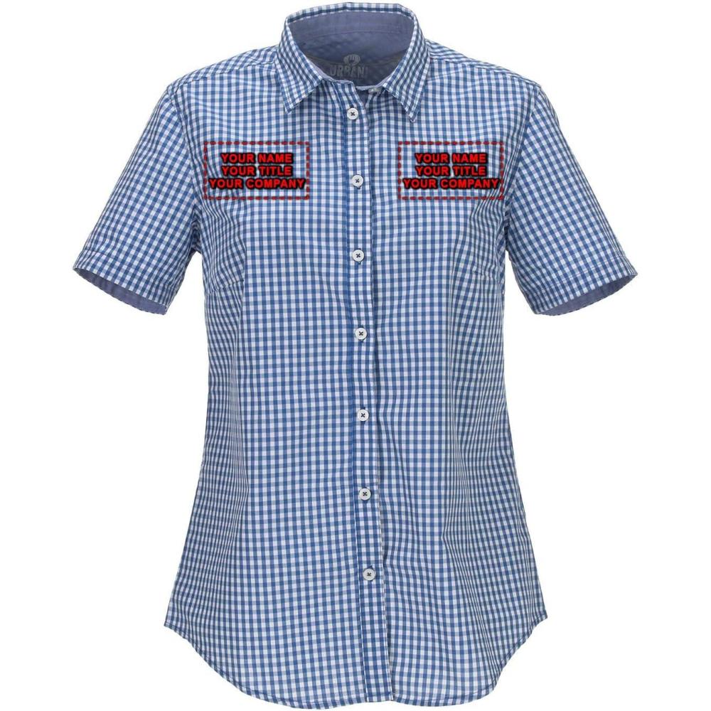 imageChef Works Custom Embroidered Womens Modern Gingham Short Sleeve Dress ShirtBlue