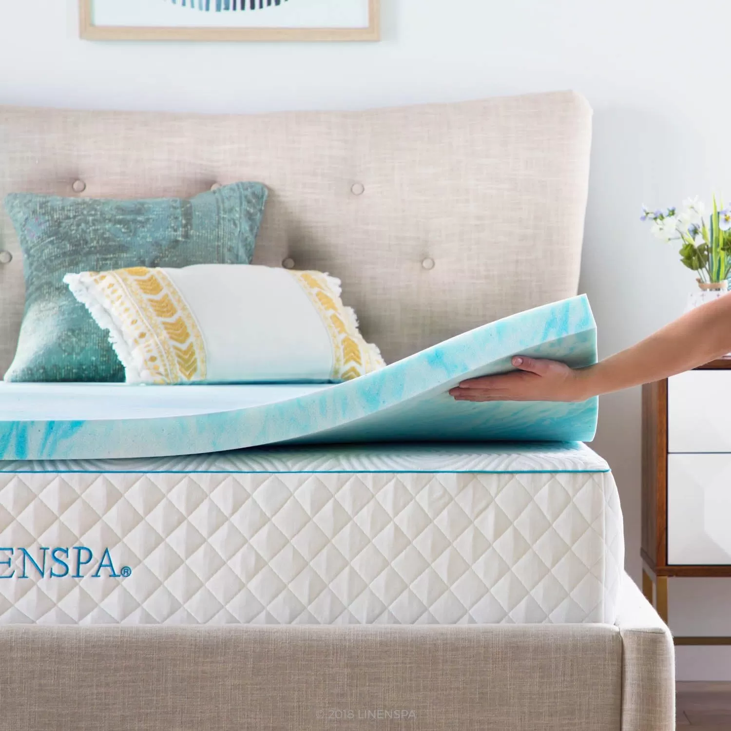 imageLINENSPA 3 Inch Gel Swirl Memory Foam Mattress Topper  Cooling Gel Infused  Pressure Relieving  CertiPUR Certified  QueenCalifornia King