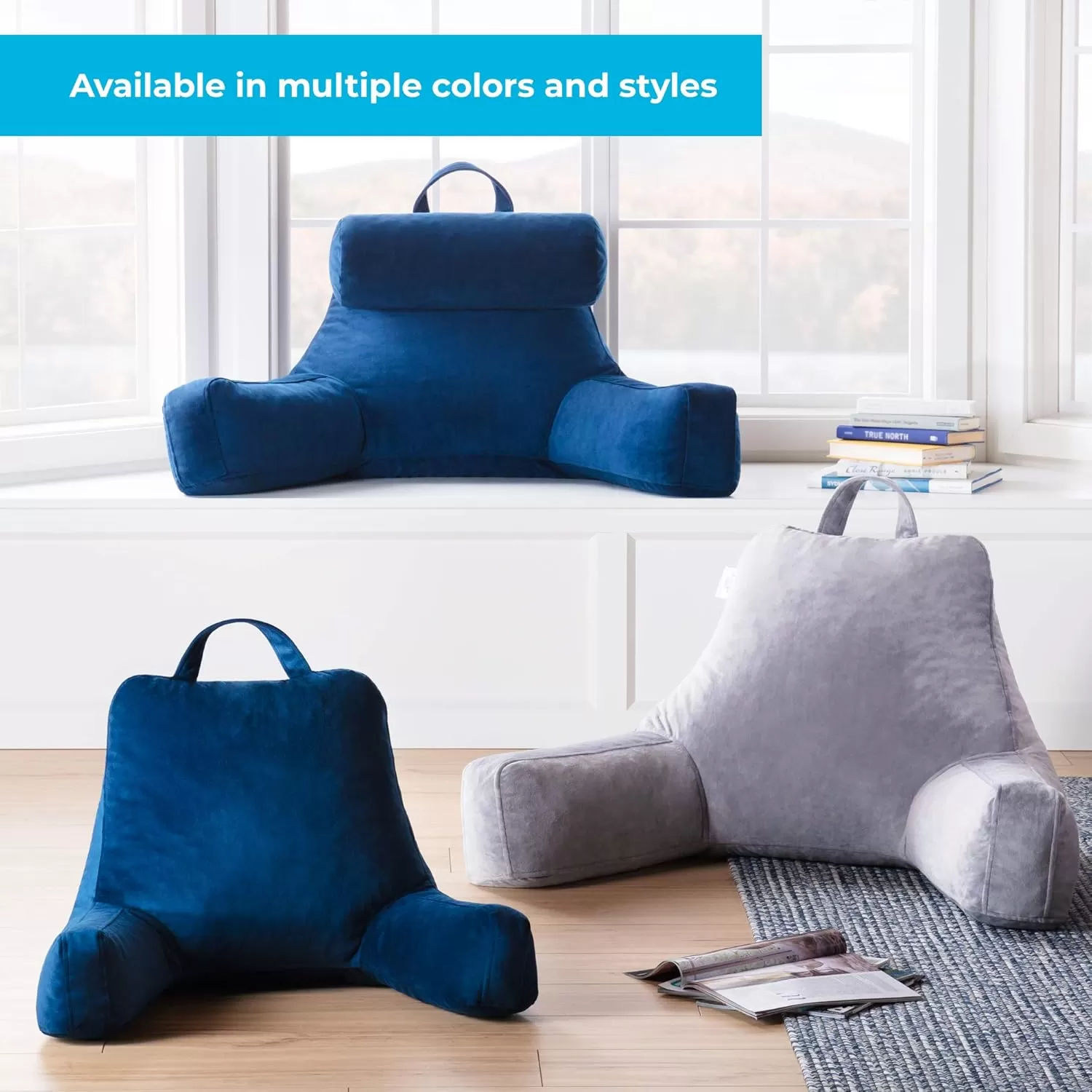 imageLINENSPA Reading Pillow with Shredded Memory Foam Back Pillow for Sitting in Bed Reading Gaming Watching TV  Chair Pillow with Arms Dorm Room Essentials StoneNavy