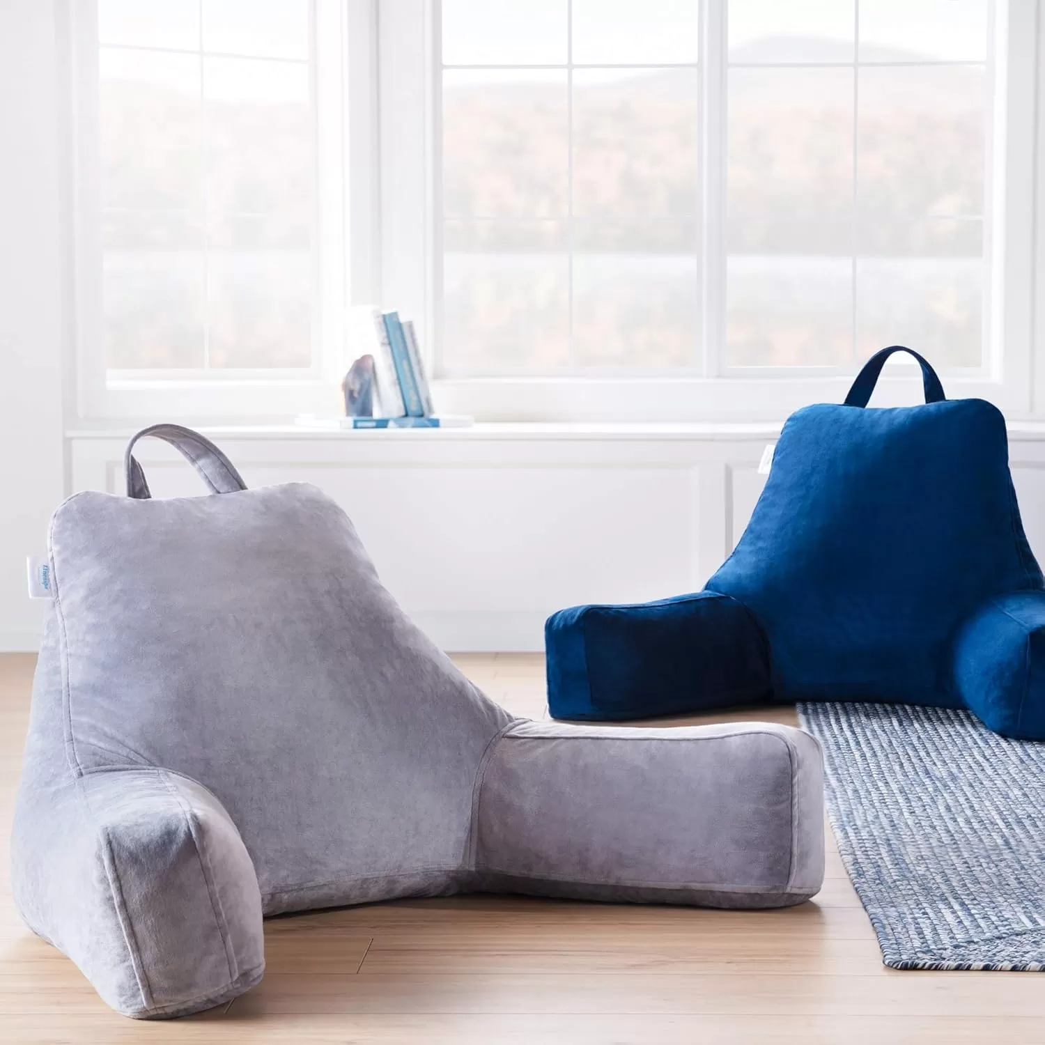 imageLINENSPA Reading Pillow with Shredded Memory Foam Back Pillow for Sitting in Bed Reading Gaming Watching TV  Chair Pillow with Arms Dorm Room Essentials StoneNavy