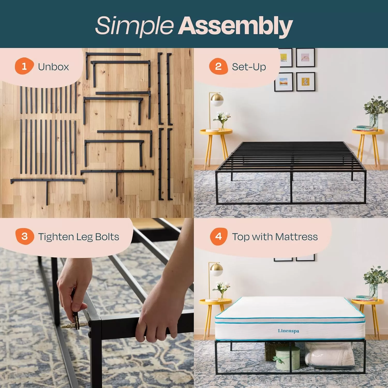 imageLinenspa Heavy Duty Metal Platform Bed Frame  No Box Spring Needed  Underbed Storage  Simple Tool Free Assembly  14 High  Sturdy  Steel Slats  Sleek Modern Design  Queen SizeCalifornia King