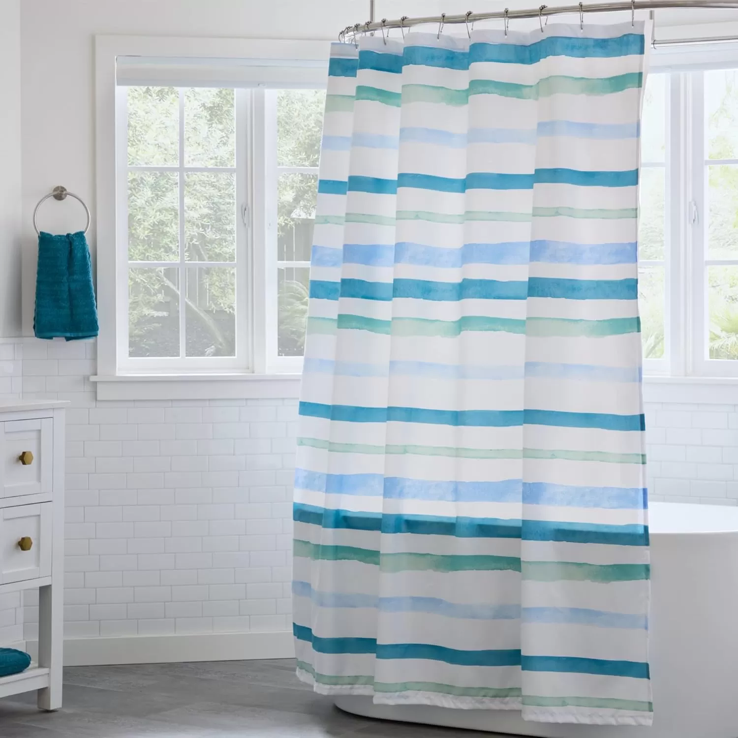 imageLinenspa Shower Curtain  Green Leaf Shower Curtain  Water Resistant Machine Washable Polyester Shower Curtain  Dorm Room EssentialsBlue Ocean Stripe