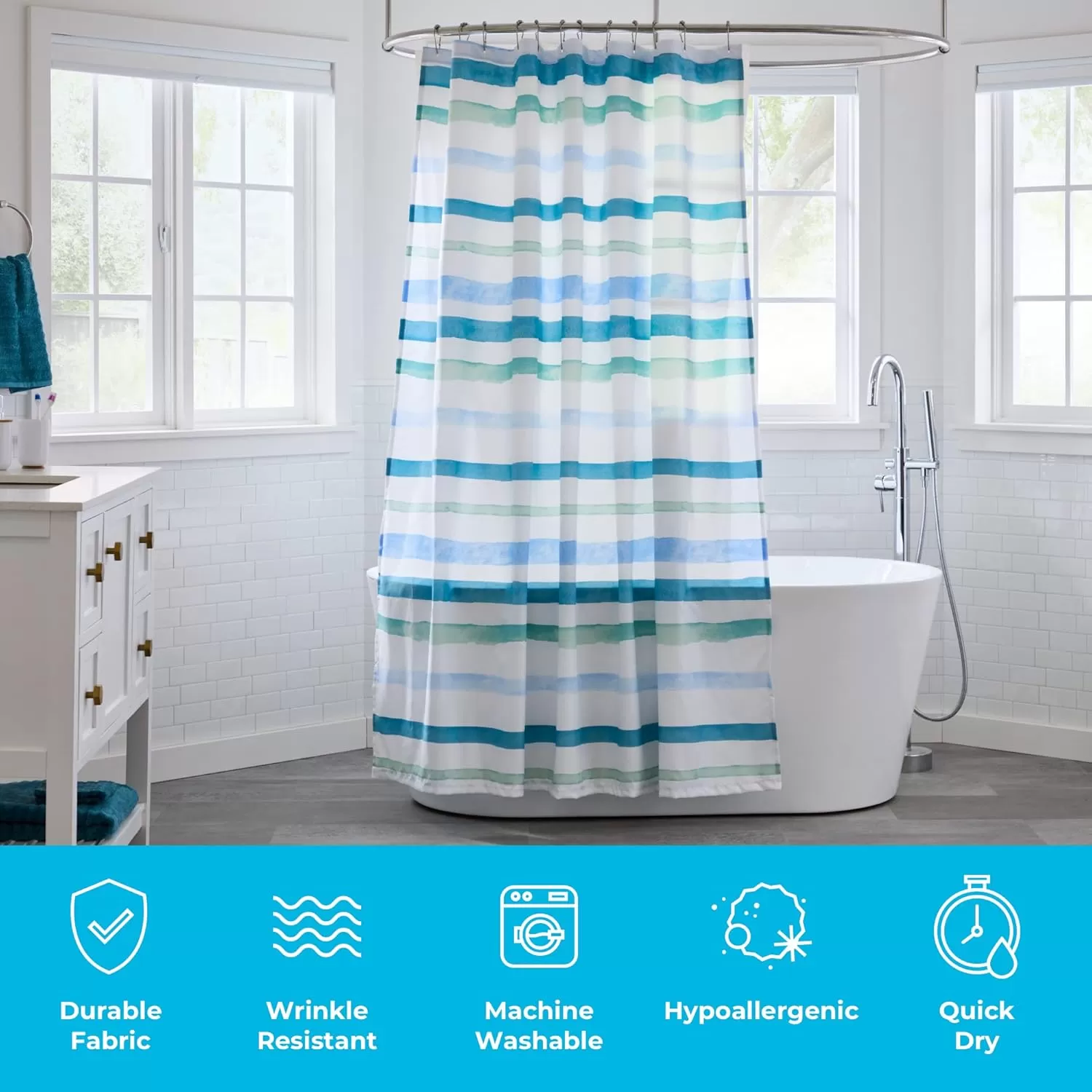 imageLinenspa Shower Curtain  Green Leaf Shower Curtain  Water Resistant Machine Washable Polyester Shower Curtain  Dorm Room EssentialsBlue Ocean Stripe