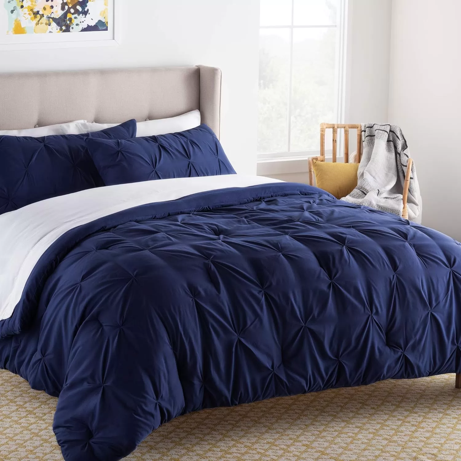 imageLINENSPA All Season Hypoallergenic Down Alternative Microfiber Comforter Twin Ash GrayWhitePinch PleatNavy