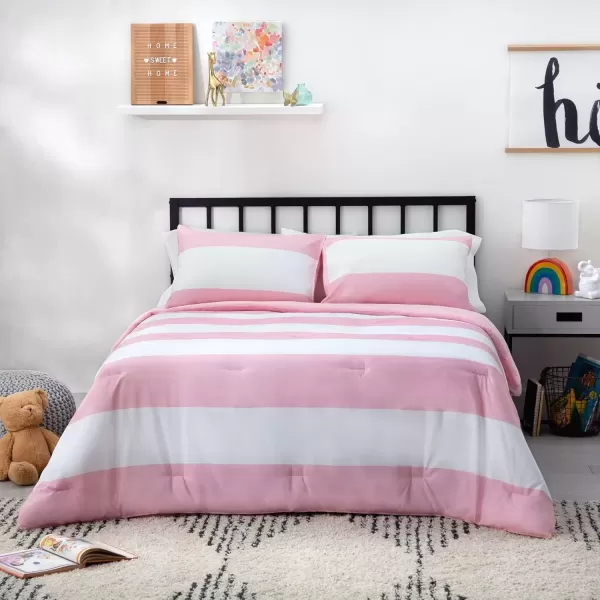 imageLinenspa All Season Hypoallergenic Down Alternative Microfiber Comforter  Twin XL GrayWhite Twin XL Size Dorm Room EssentialsRugby StripePink